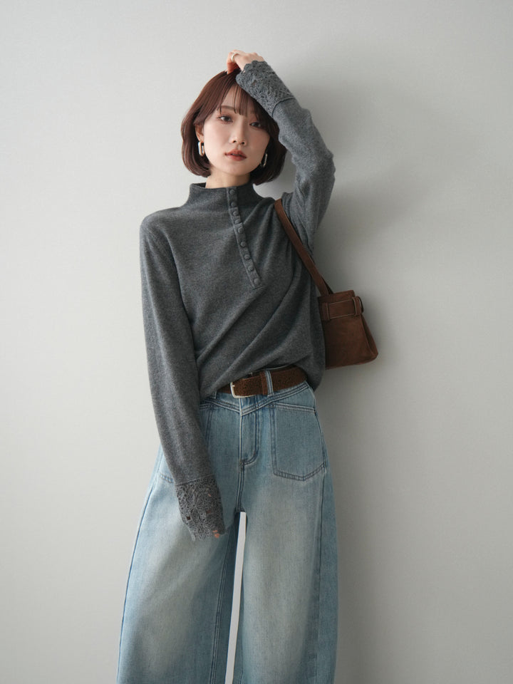 [予約]袖スカラップレースフロントボタンウールニットトップス/gray