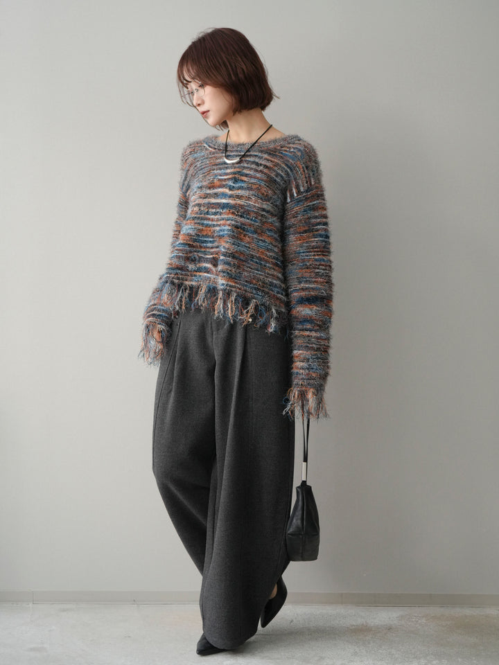 [SET]裾フリンジミックスヤーンシャギープルオーバー+ベルト付起毛コクーンパンツ(2set)