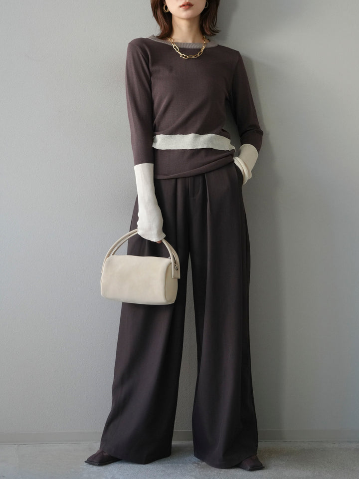 [予約]異素材配色デザインニットトップス/ブラウン