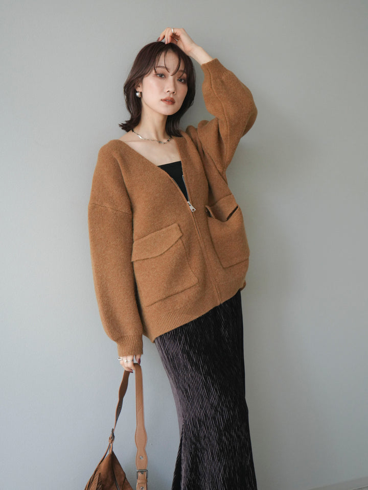 [預訂] 大口袋拉鍊針織開襟衫/駝色