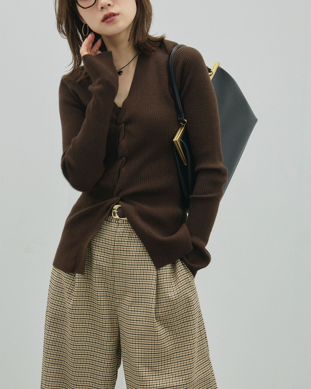 [予約]フロントツイストリブニットトップス/brown