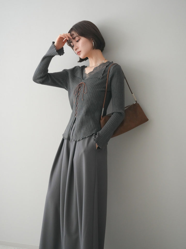[予約]レースネックレースアップリブニットトップス/gray
