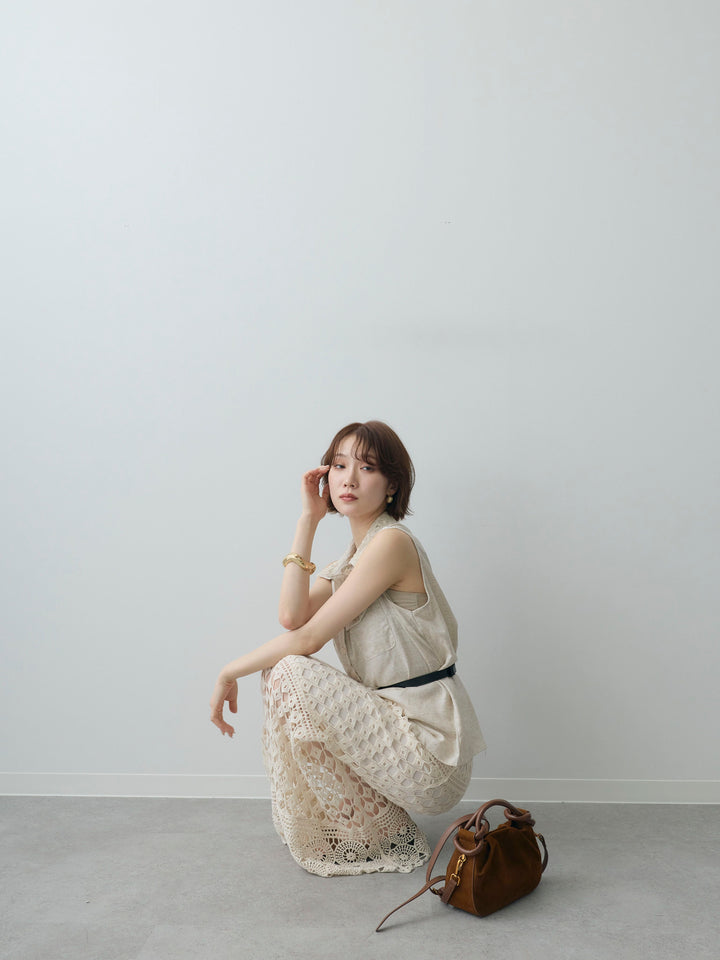 [予約]ベルト付レースカラーWポケットノースリシャツ/beige