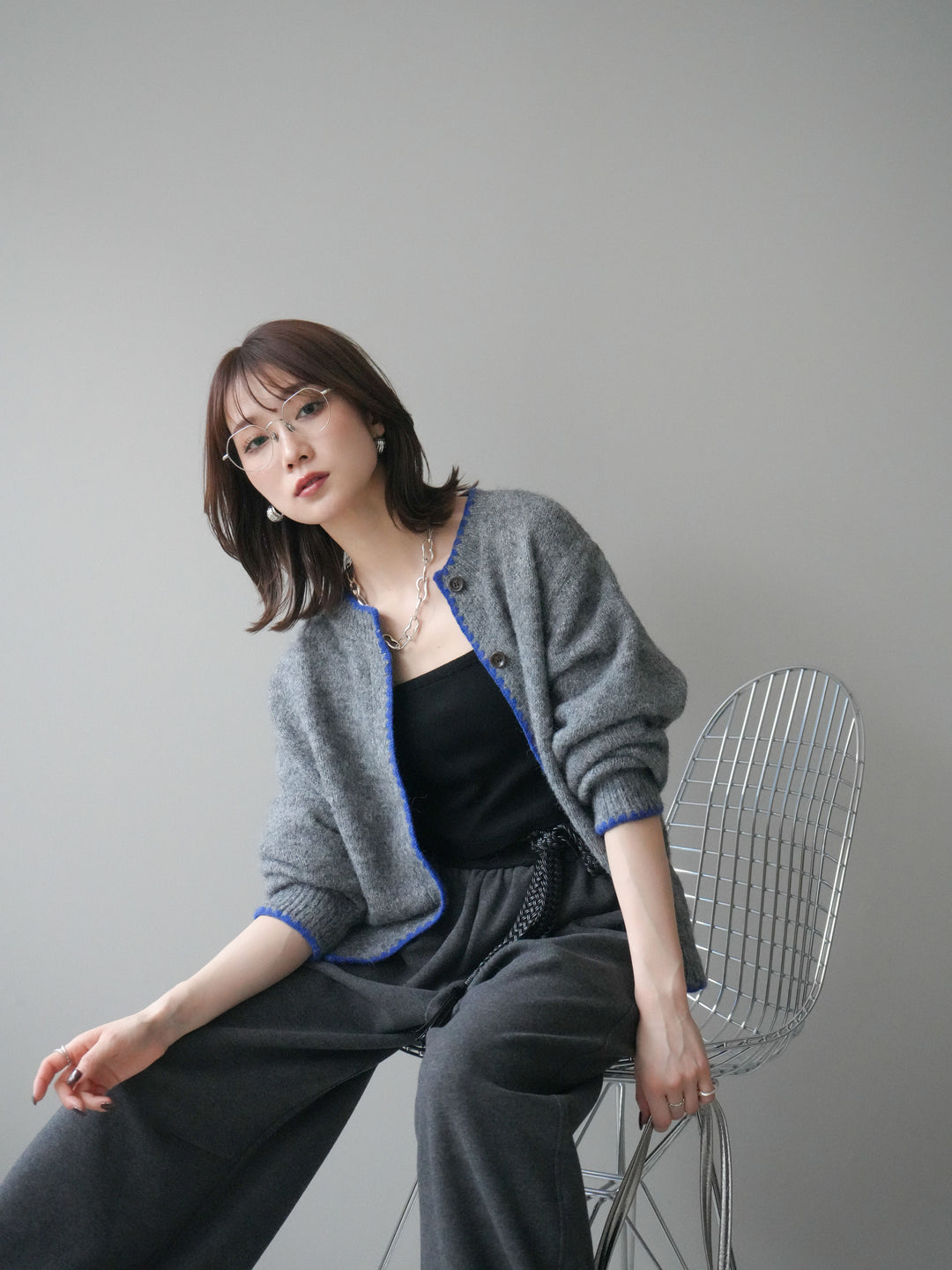 [予約]三角ステッチニットカーディガン/gray