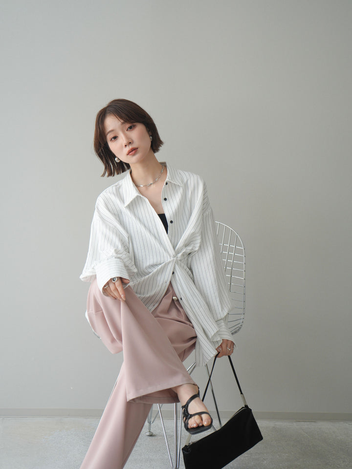 [SET]2WAYカシュクールストライプブラウス+ベルト付キーホルダーモチーフワイドパンツ(2set)