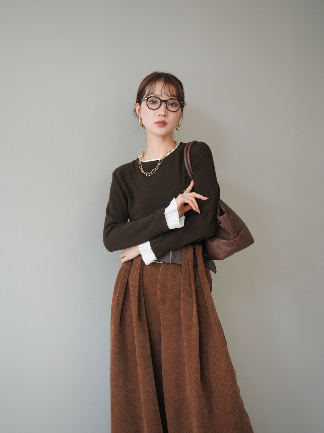[予約]袖プリーツ配色レイヤードトップス/brown