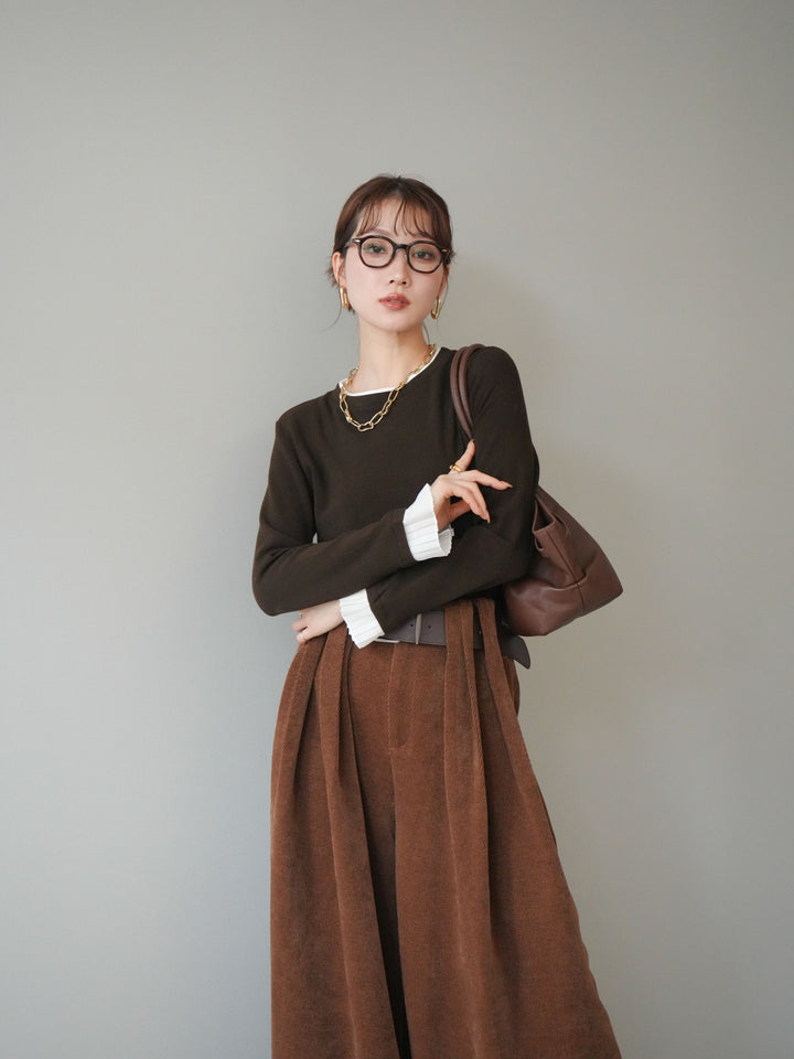 [予約]袖プリーツ配色レイヤードトップス/brown