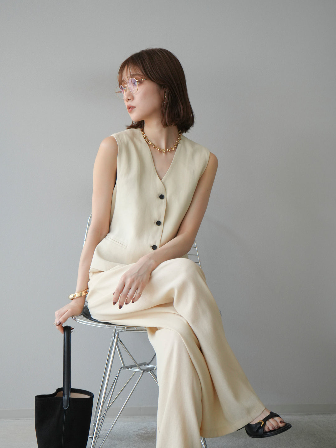 [SET]Vネックジレ＆ワイドパンツSET UP(2set)