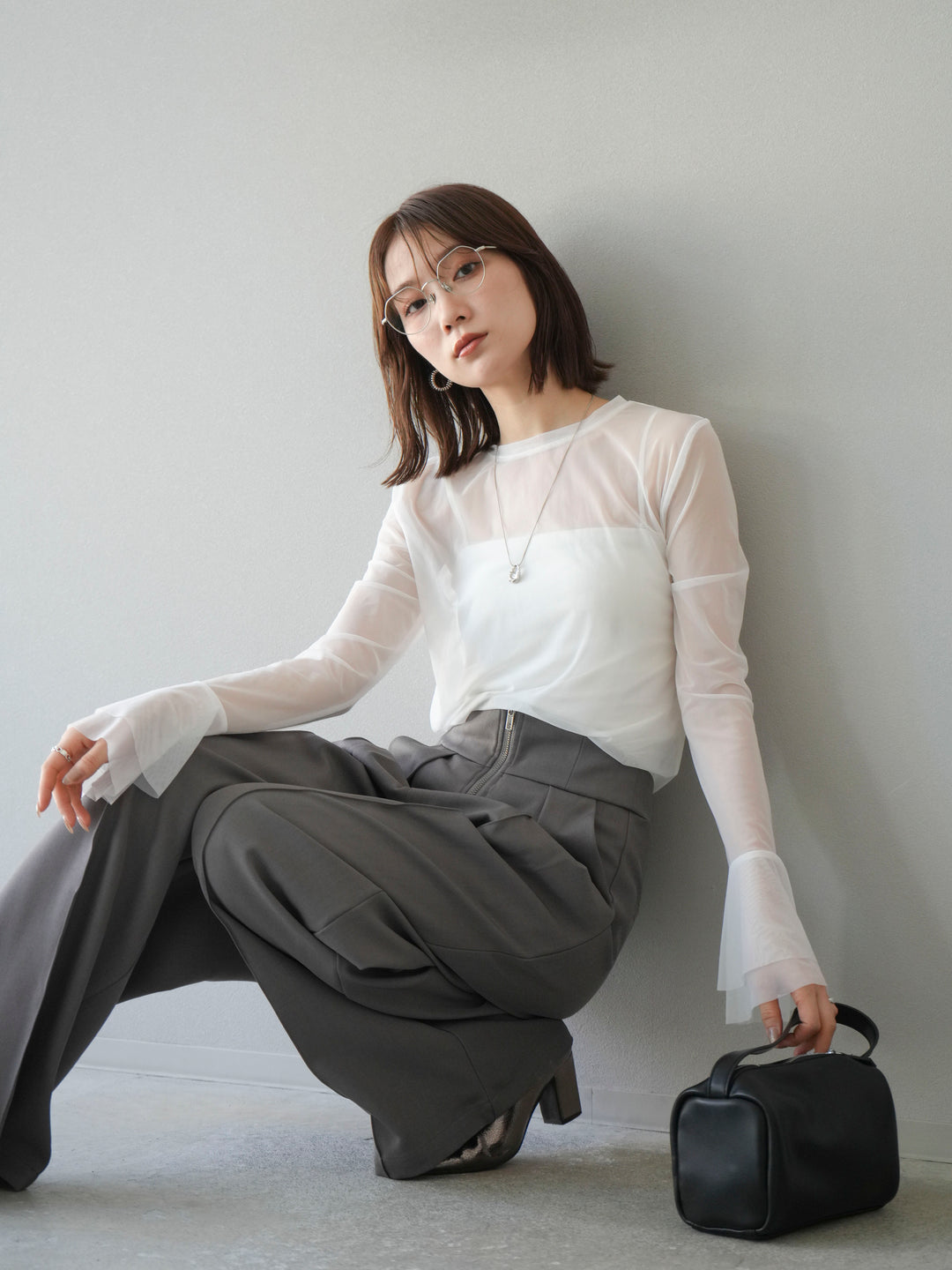 [予約]フレアロングスリーブパワーメッシュトップス/オフ