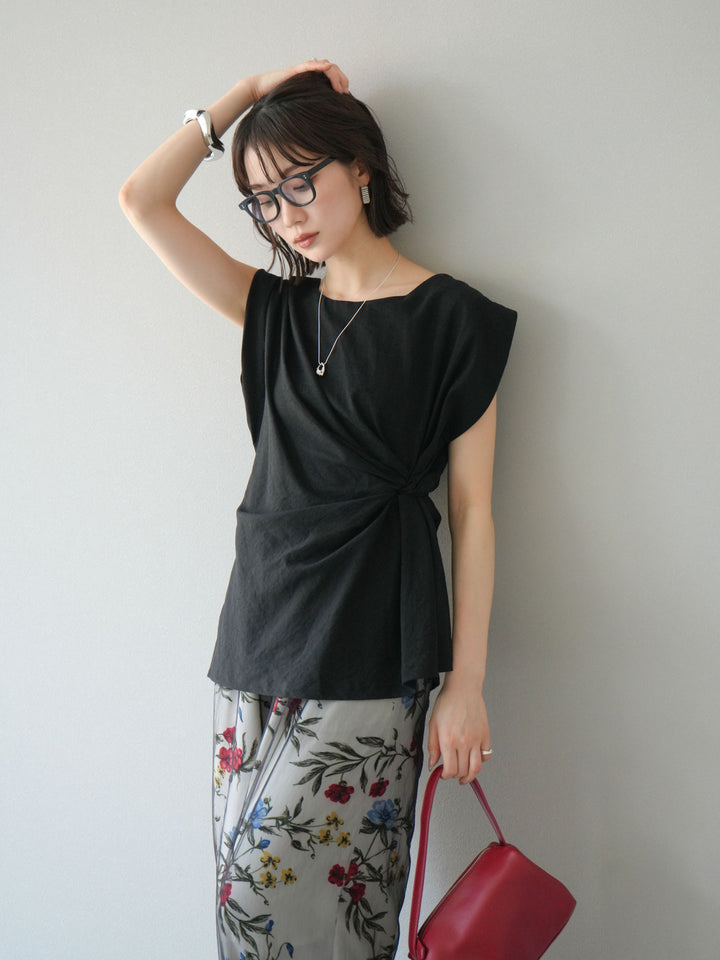 [SET] 側扭法式上衣+植物圖案休閒褲+繩繡薄紗疊穿褲（3件套裝）