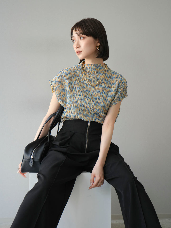 [SET] 多色隨機百褶法式上衣+拉鍊褶襉寬褲（2件套）