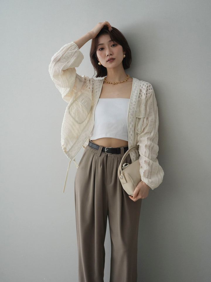 [SET]パッチワークシアーフリルブルゾン+カップ付テレコリブベアキャミソール+ベルト付キーホルダーモチーフワイドパンツ(3set)