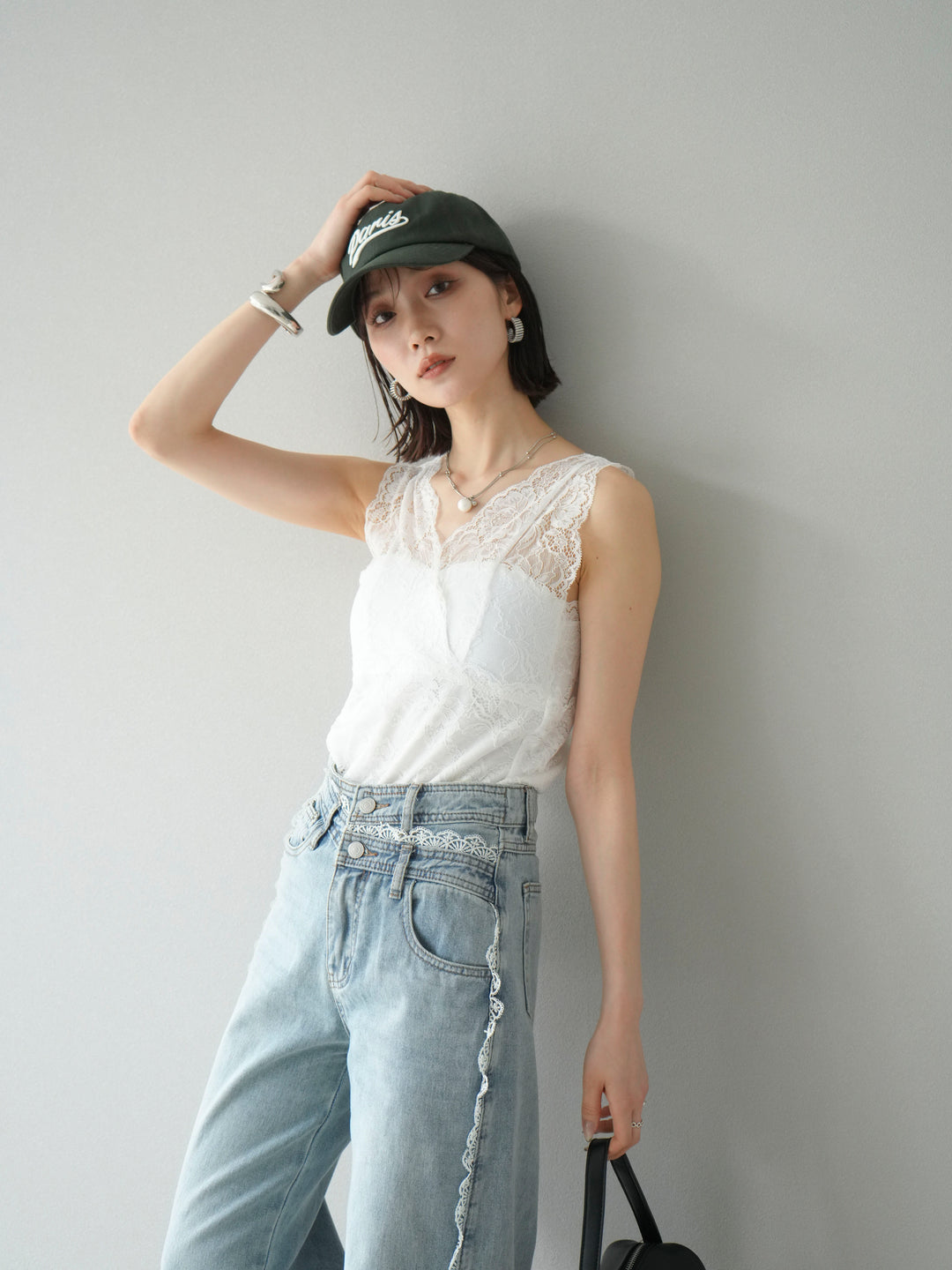 [予約]カップ付レースタンクトップ/ オフ