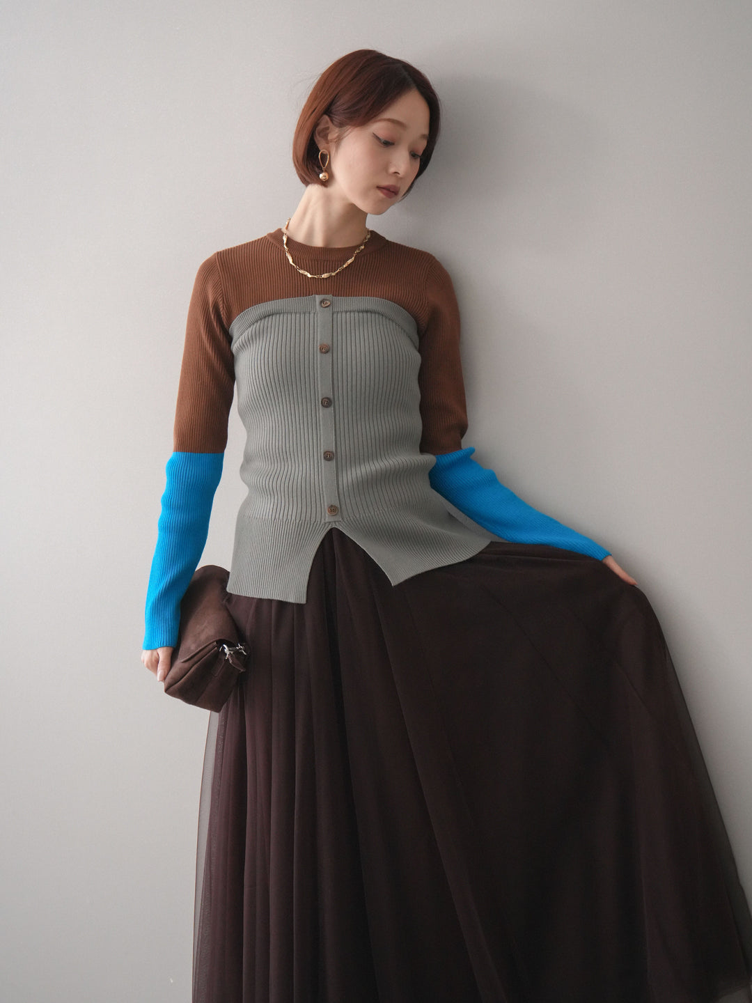 [SET]配色ビスチェドッキングリブニットトップス+選べるアクセセット(2set)