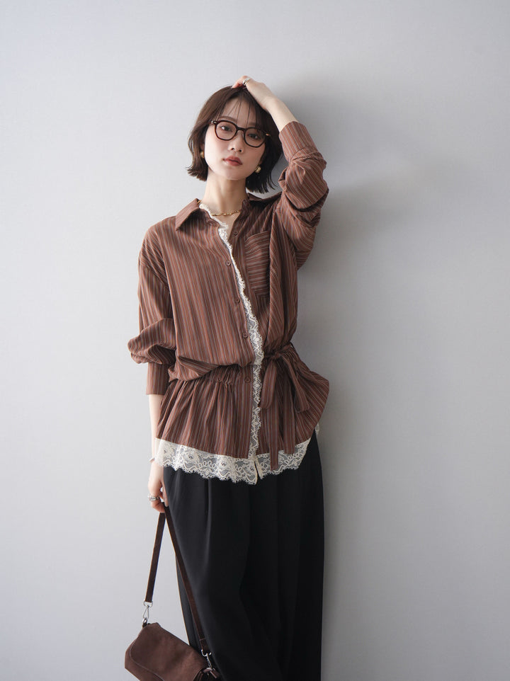 [予約]レース付ストライプウエストギャザーシャツ/brown