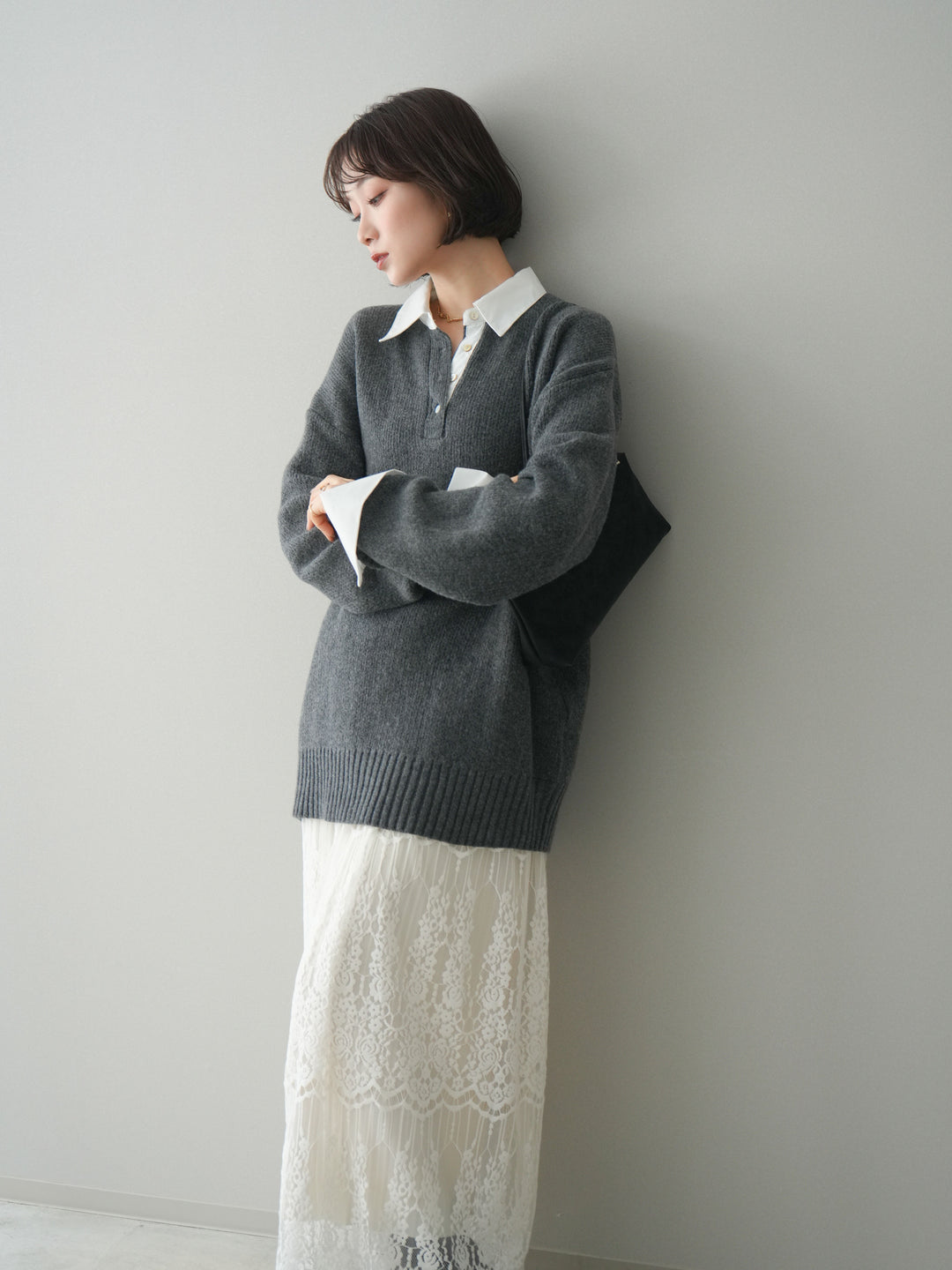 [予約]シャツドッキングオーバーニットプルオーバー/charcoaloff