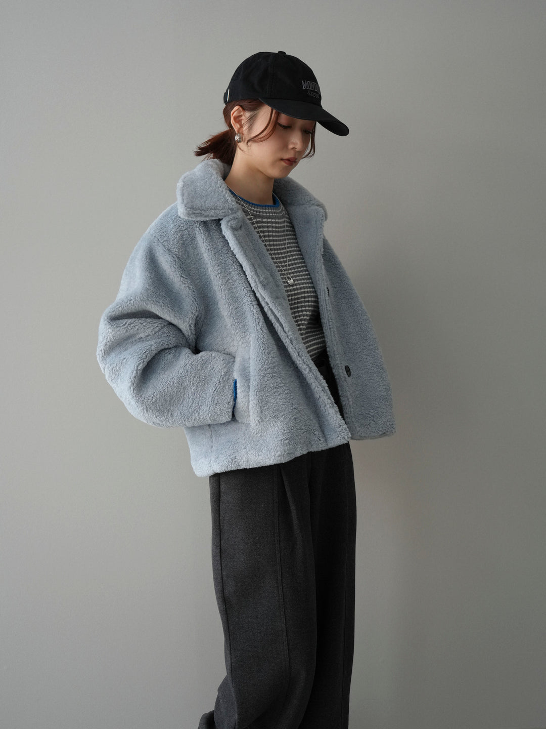 [SET]エコファーステンカラージャケット+ラメ異素材ボーダーリブニットプルオーバー(2set)