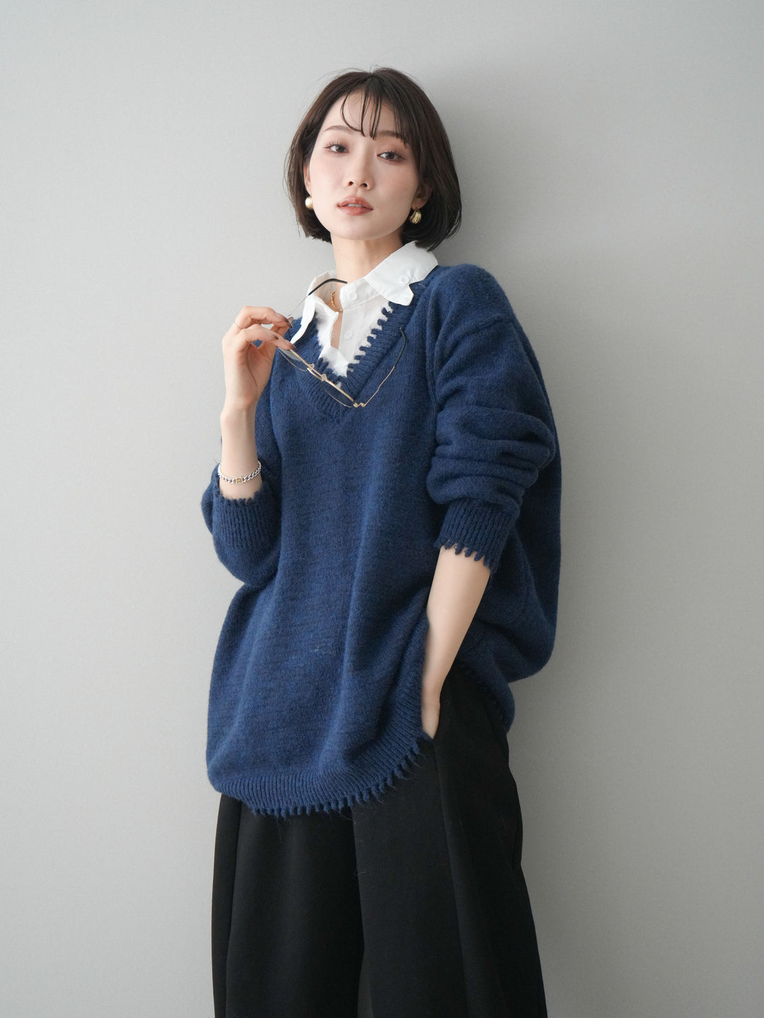 [予約]シャツドッキングVネックフリンジニットプルオーバー/navy