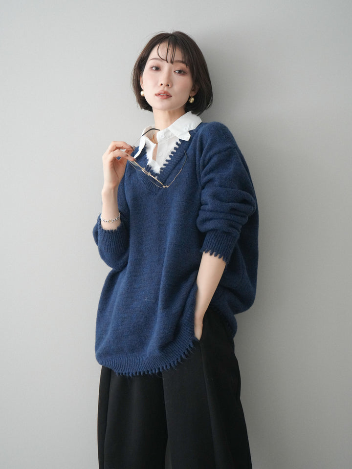 [予約]シャツドッキングVネックフリンジニットプルオーバー/navy