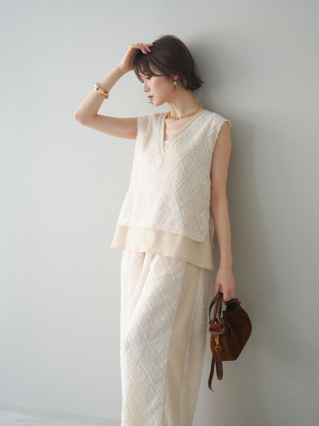 [SET]フリンジレイヤードVネックノースリーブ+フリンジイージーストレートパンツ(2set)