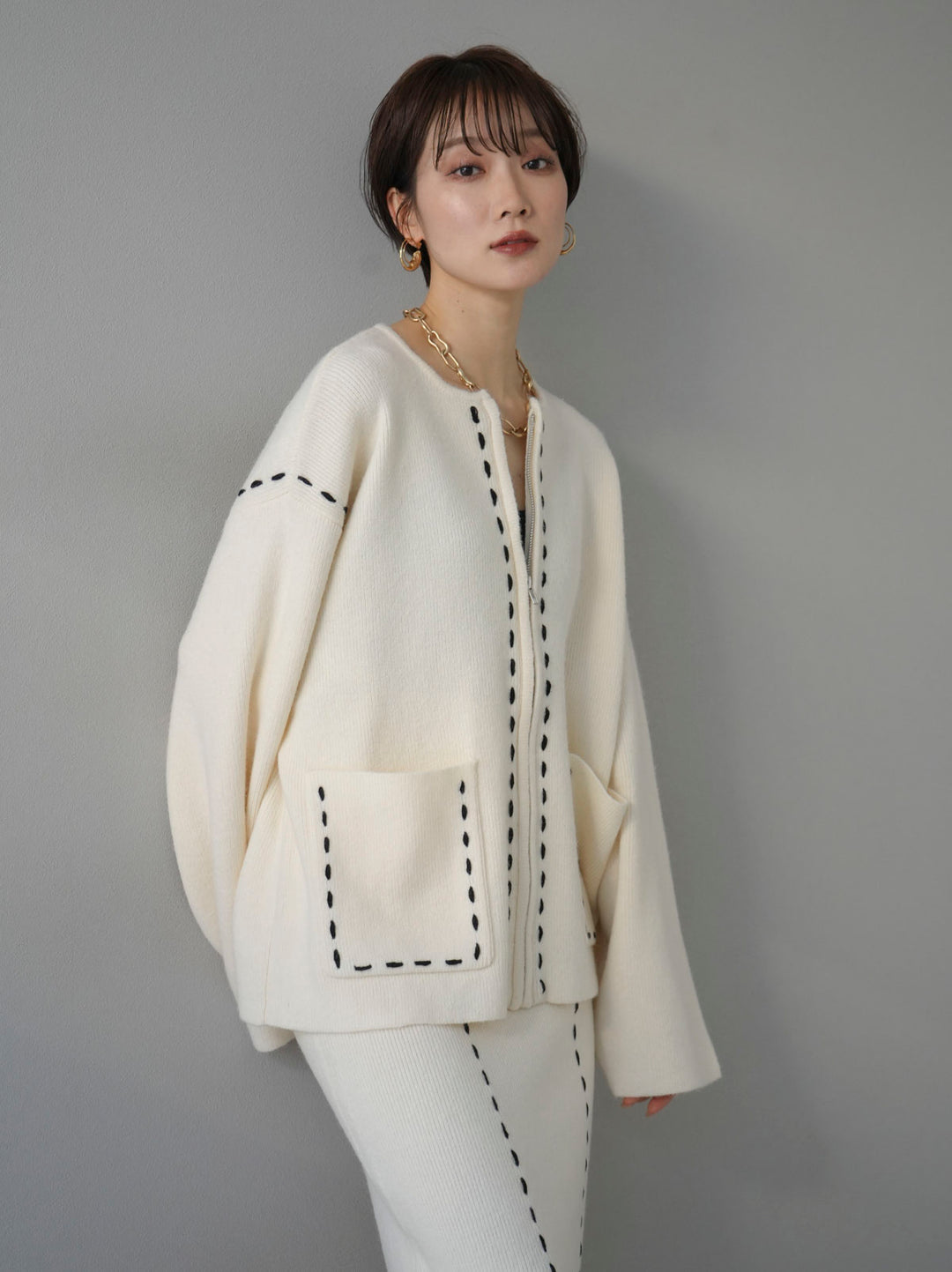 [Pre-order] Stitch Embroidered Zip Knit Cardigan/Ivory