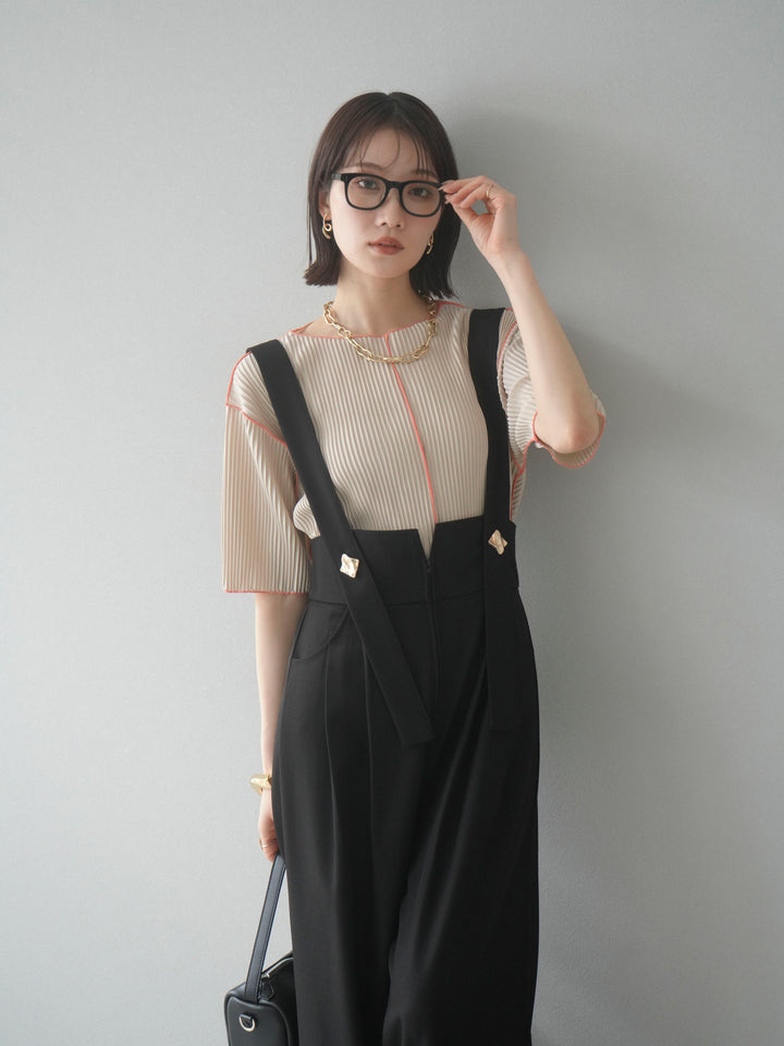 [予約]配色メロープリーツハーフスリーブトップス/ベージュ