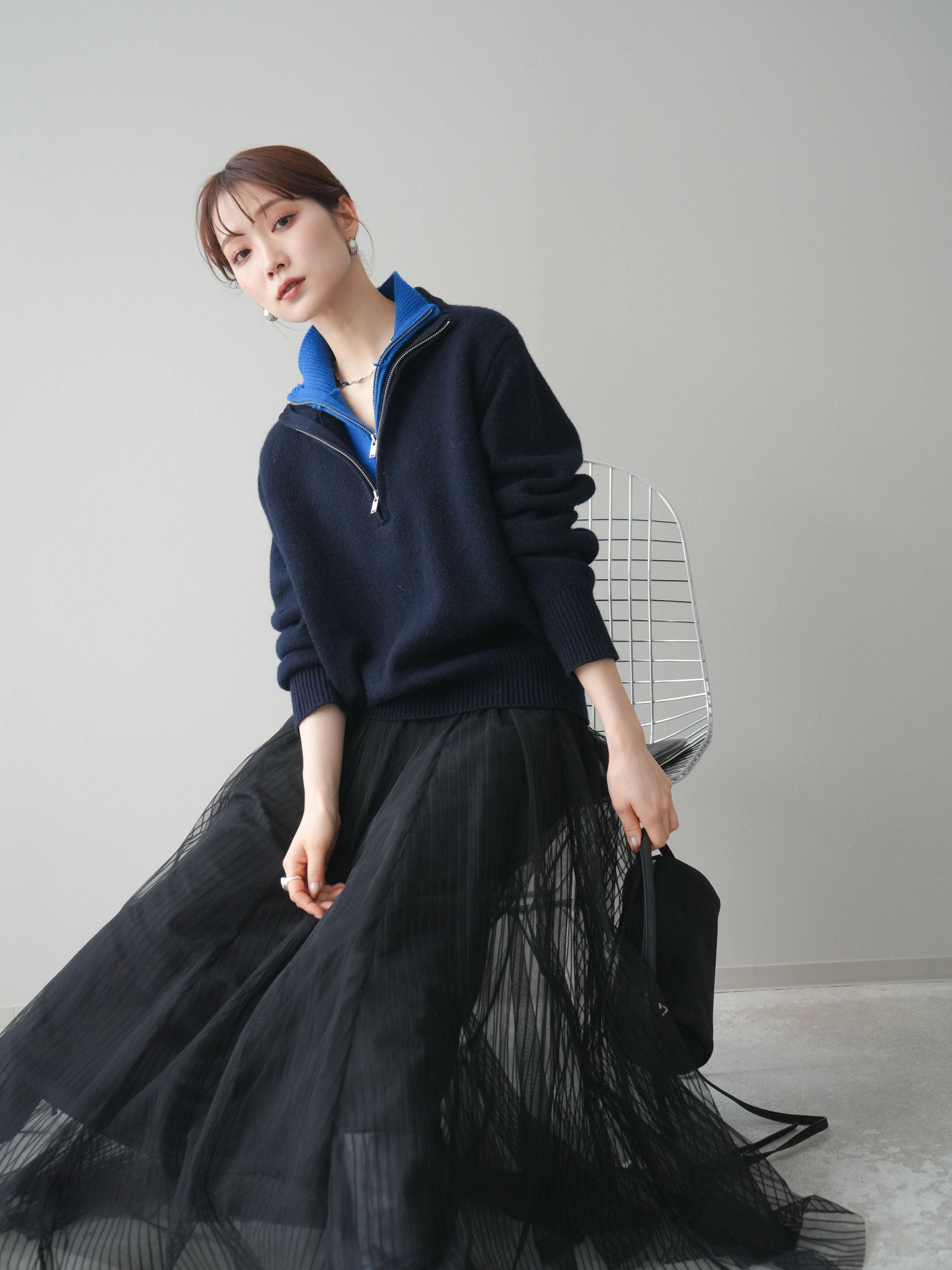 予約]ウールxカシミヤハーフジップダブルネックニットプルオーバー