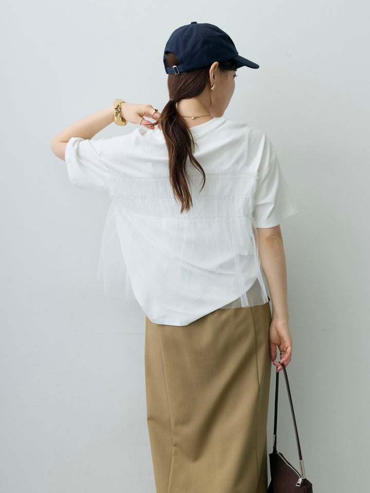 [SET]ギャザーチュールドッキングTEE+クレープデシンフラップ付きストレートスカート(2set)