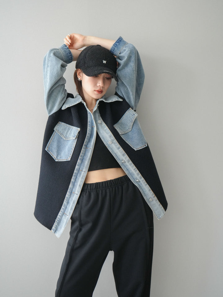 [予約]デニム襟ダブルフェイスニットカーディガン/black