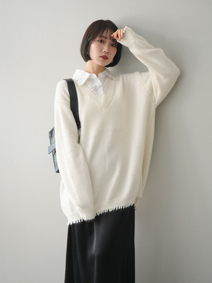 [SET]シャツドッキングVネックフリンジニットプルオーバー+選べるアクセセット(2set)