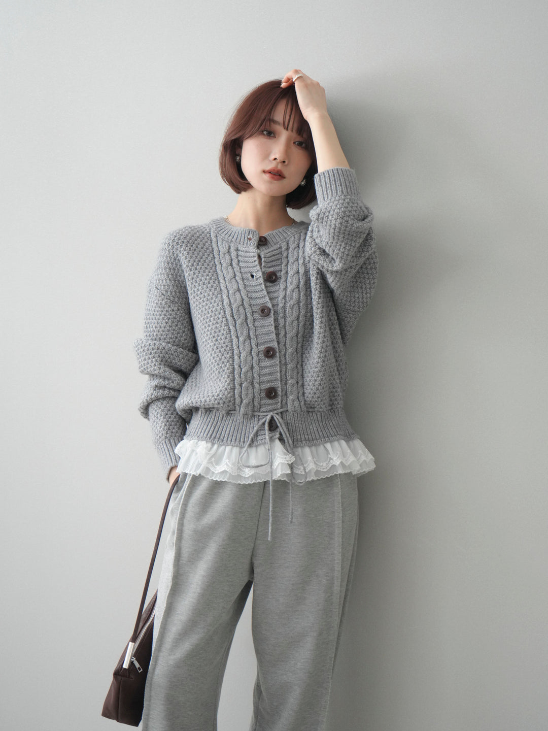 [SET]裾レースケーブルニットカーディガン+2WAYデザインスウェットパンツ(2set)