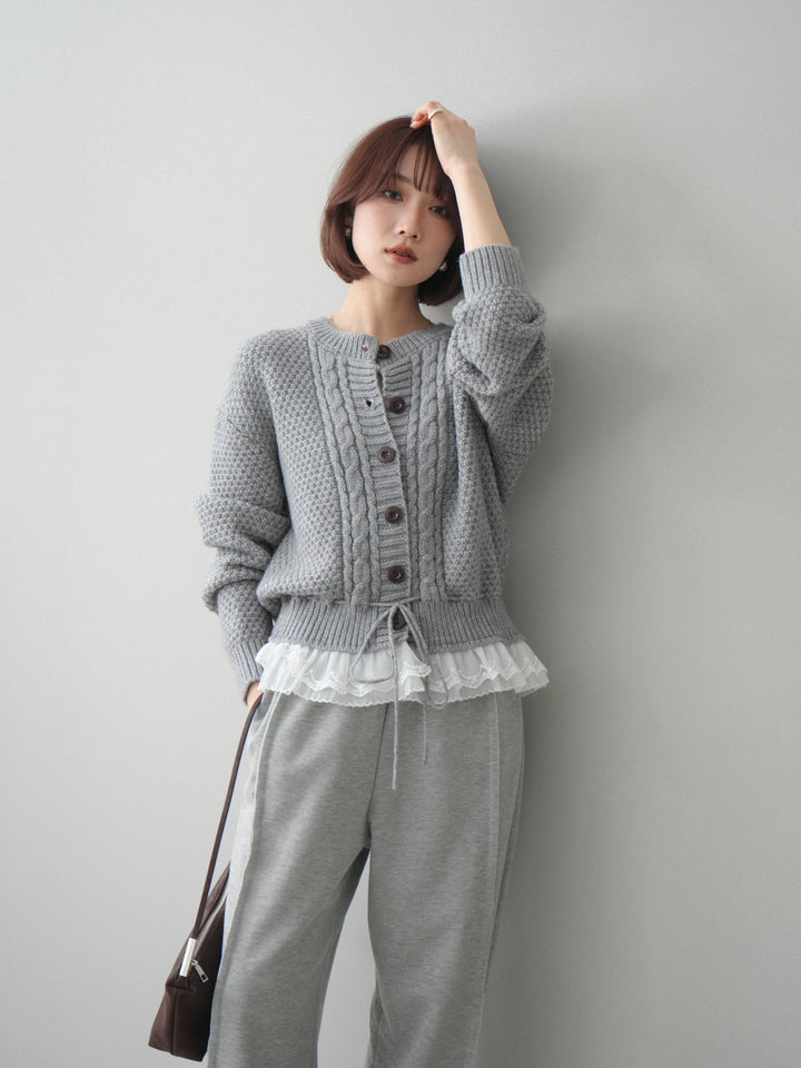 [SET]裾レースケーブルニットカーディガン+2WAYデザインスウェットパンツ(2set)