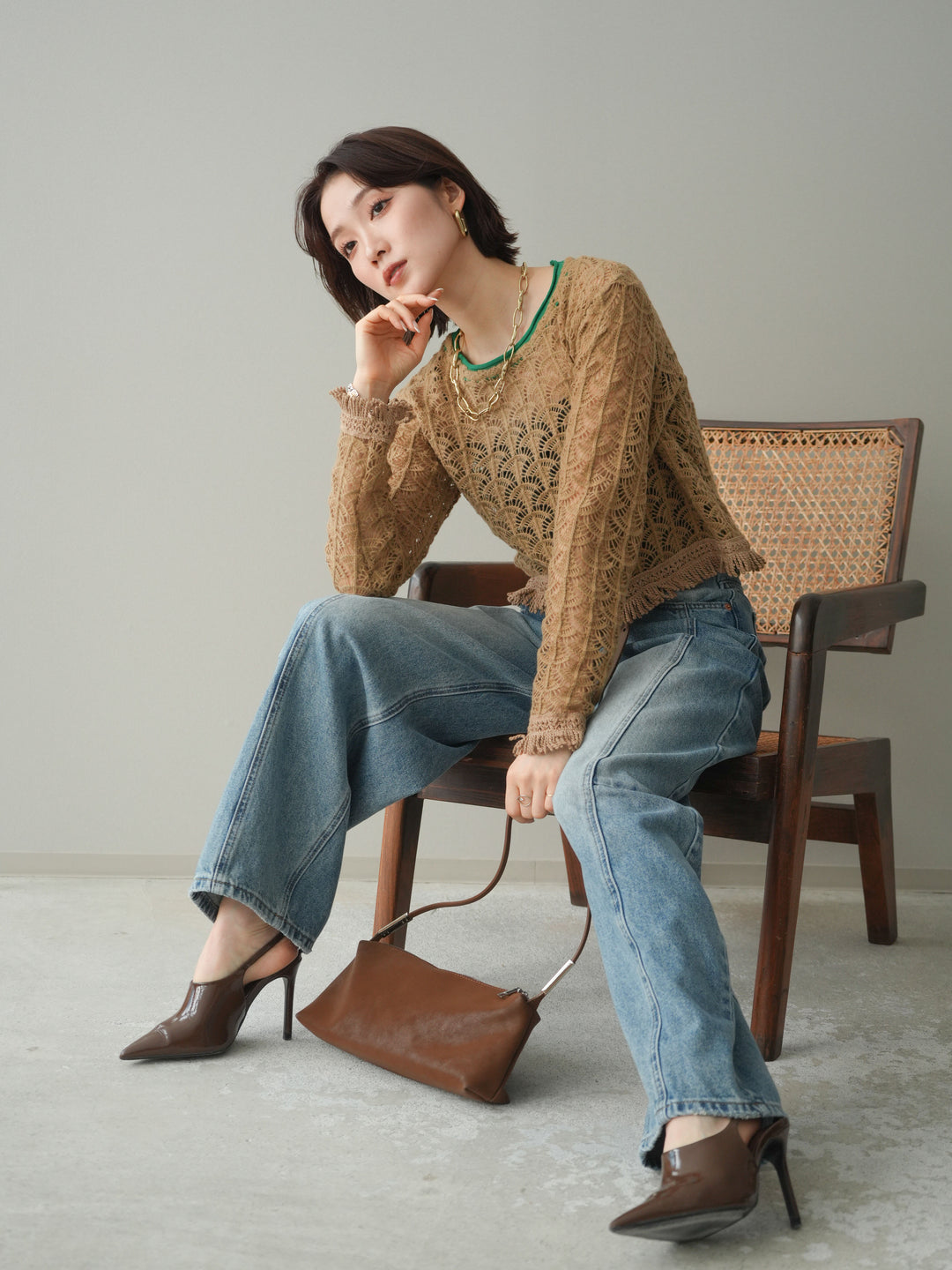 [予約]扇透かし編みクロップドニットプルオーバー/beige