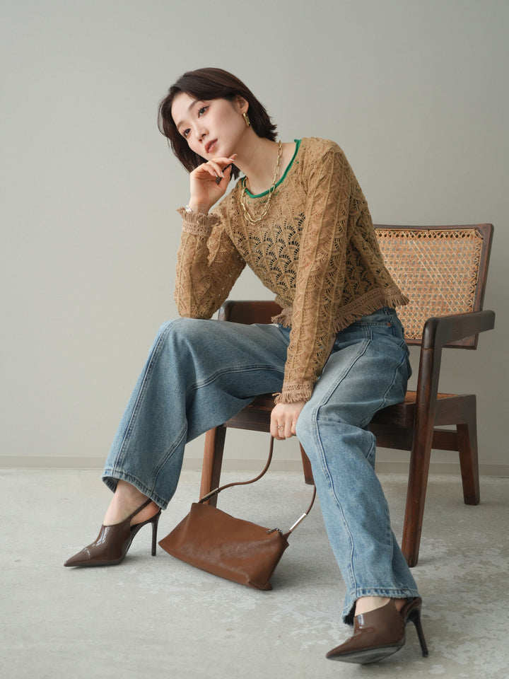 [予約]扇透かし編みクロップドニットプルオーバー/beige