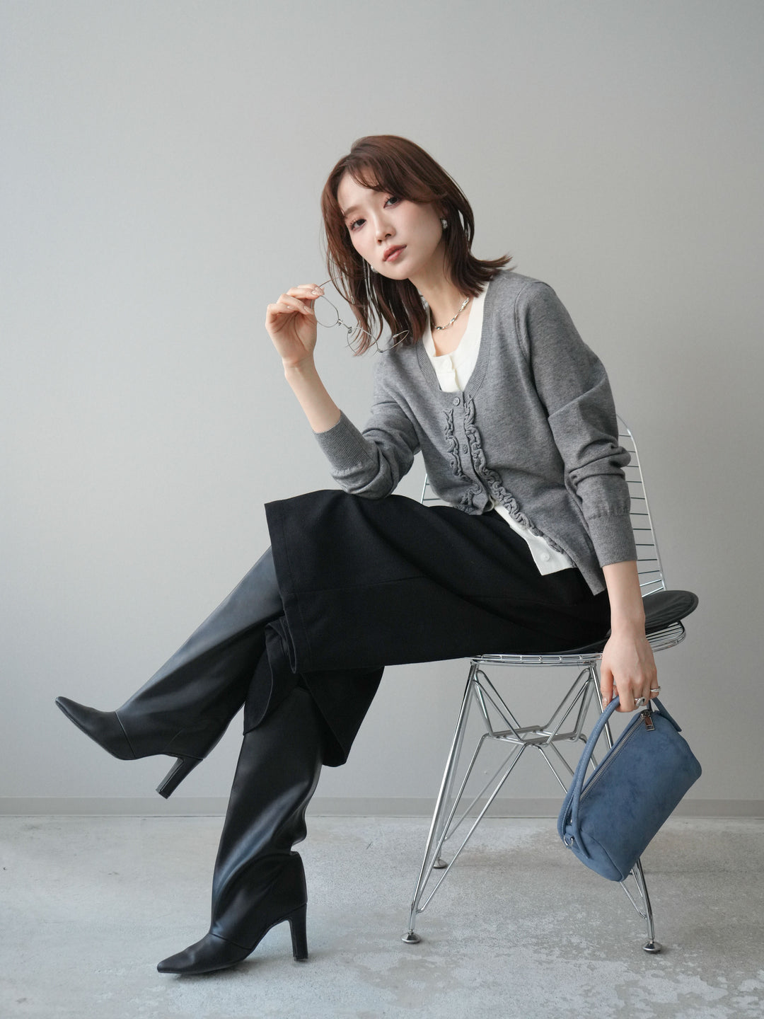 [予約]配色レイヤードフリルデザインニットカーディガン/gray