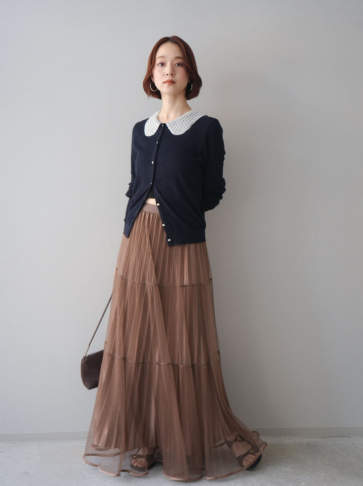 [予約]ラメプリーツレイヤードチュールロングスカート/mocha