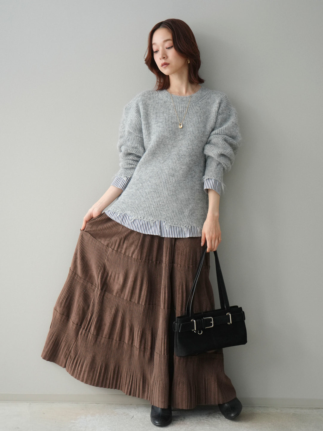 [予約]型押しスエードティアードプリーツスカート/brown