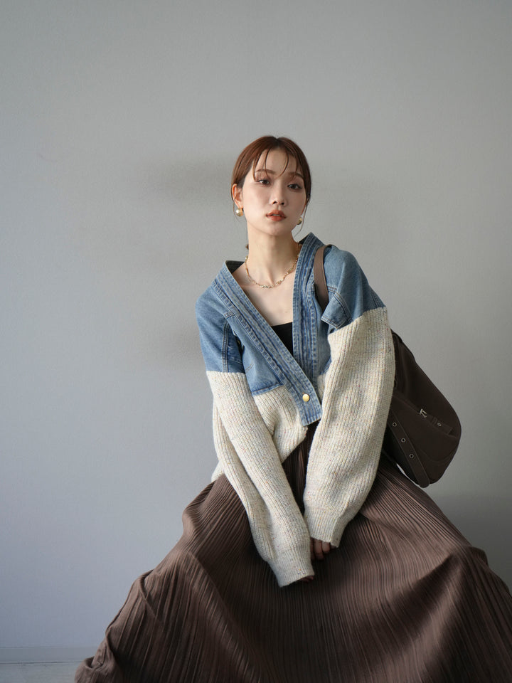 [予約]デニム切替ネップニットカーディガン/アイボリー