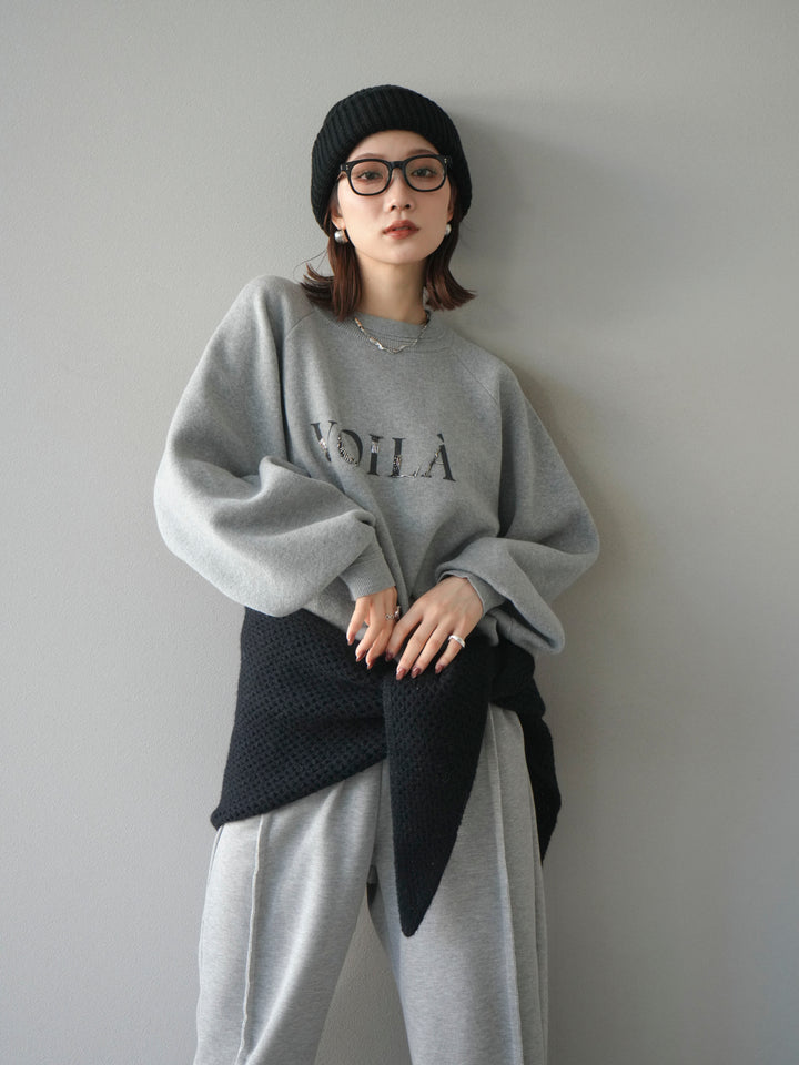 [予約]スウェットライクビーズロゴ刺繍ニットプルオーバー/mokugray