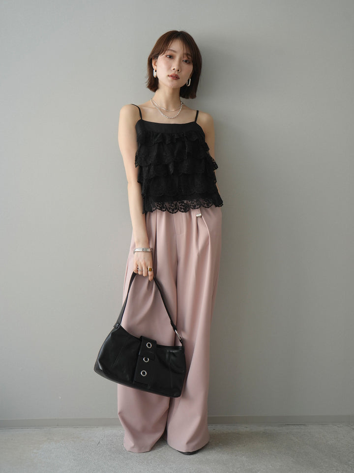 [SET]スカラップレースフリルキャミソール+ベルト付キーホルダーモチーフワイドパンツ(2set)