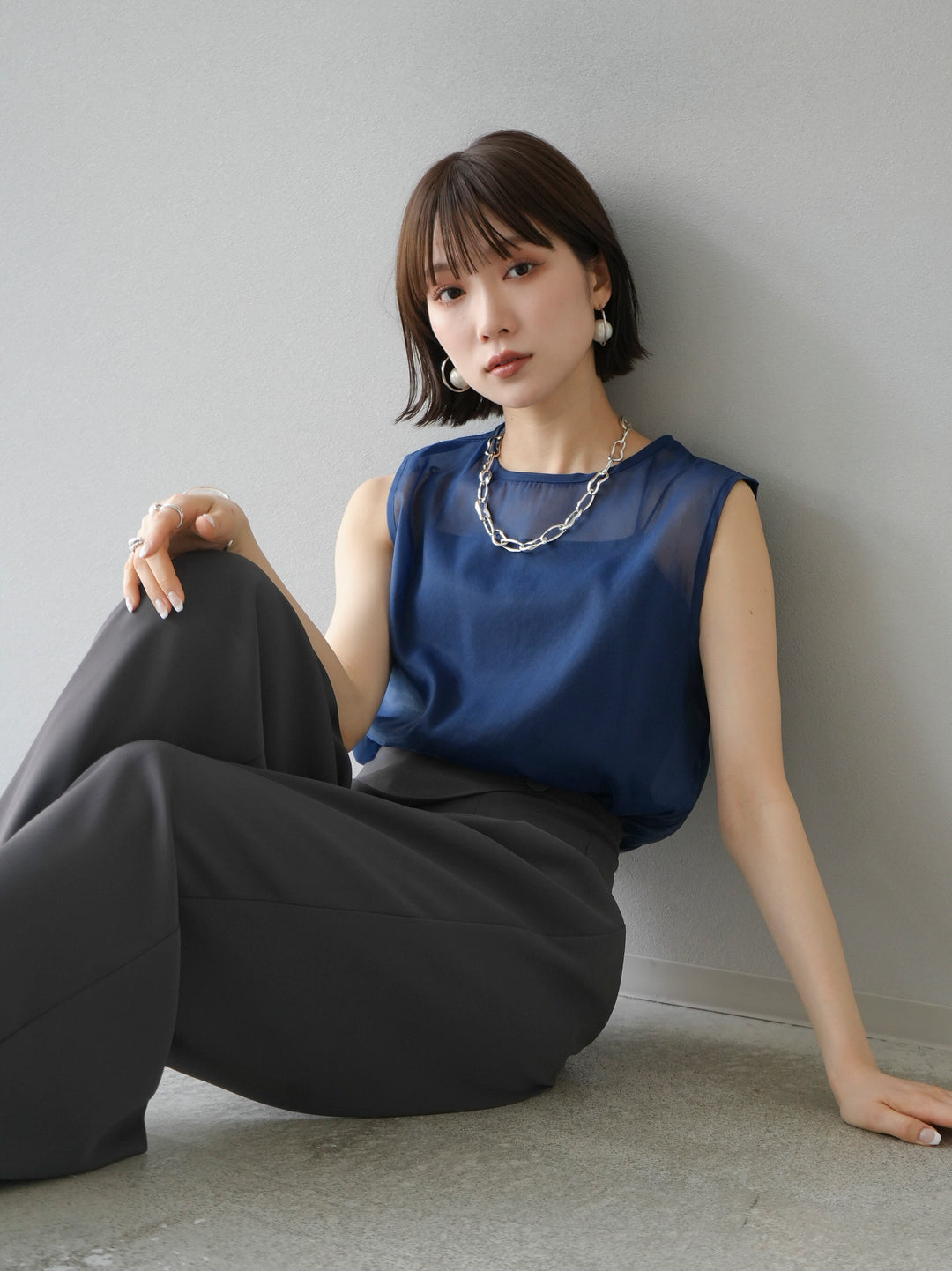 [SET] Organza sleeveless top + wrap wide pants (2set)