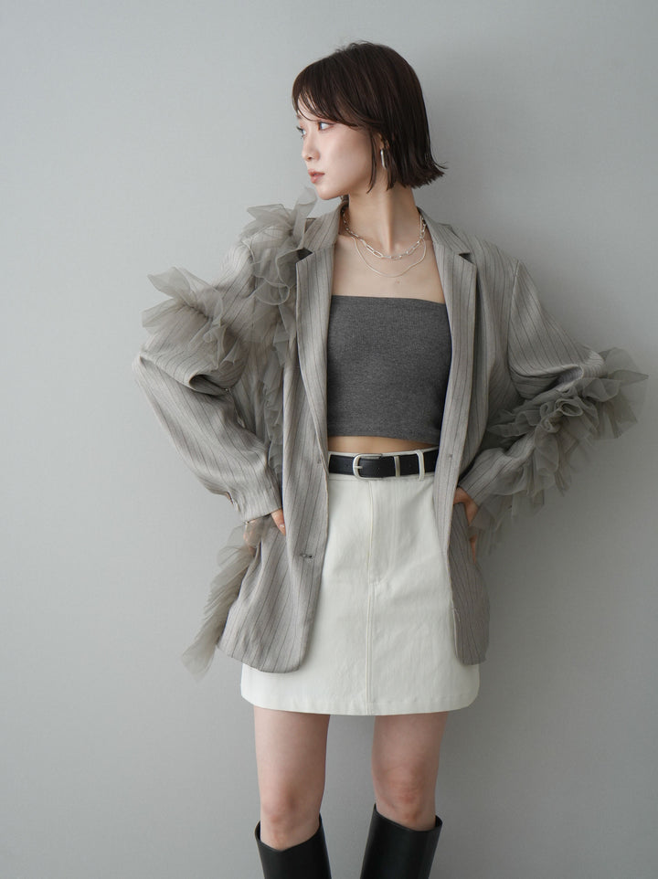 [予約]アシンメトリーチュールストライプジャケット/greige