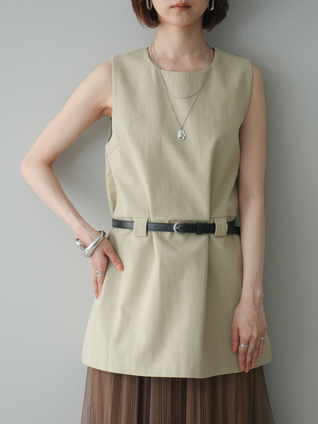 [SET]ベルト付リネンライクノースリチュニック+選べるアクセセット(2set)