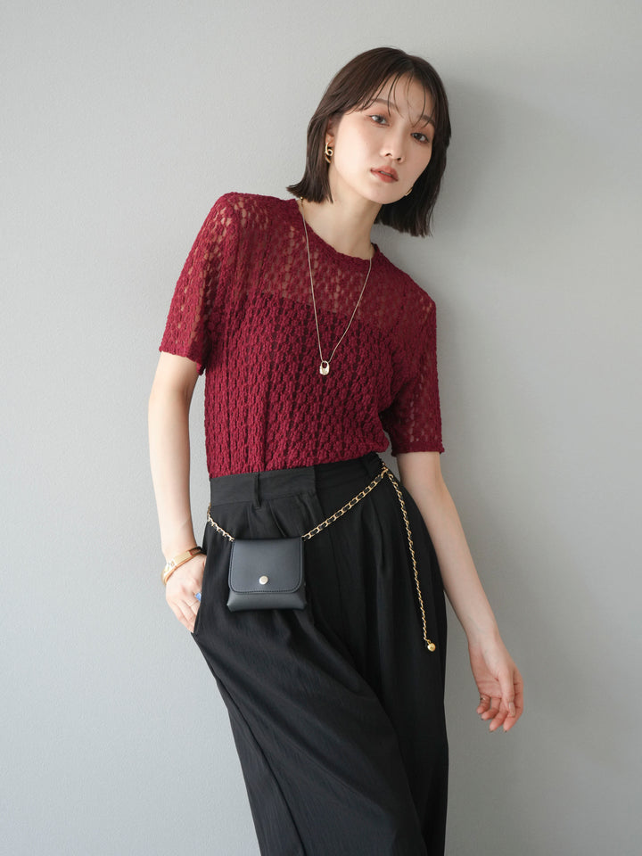 【預購】剪裁蕾絲T卹/波爾多紅