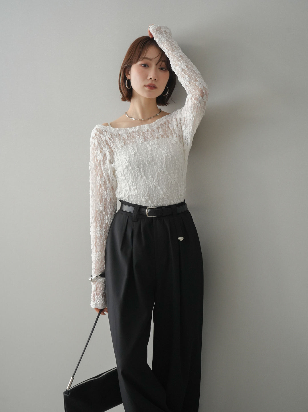 [予約]サイドギャザーレーストップス/white