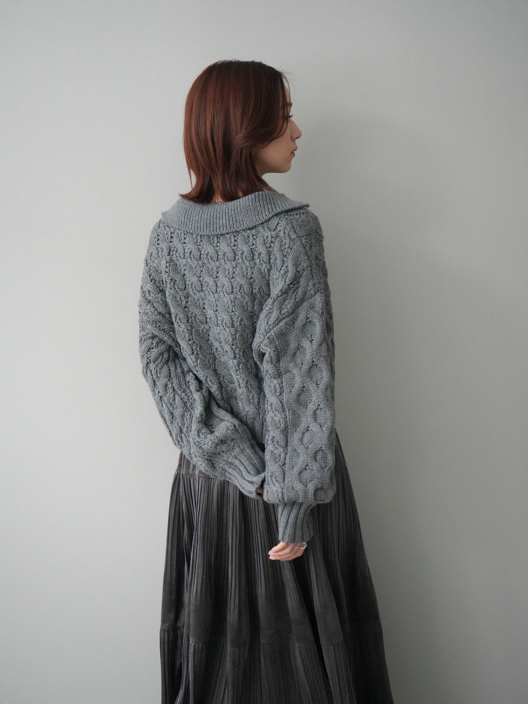 [SET]バルキーケーブルクロップド開襟プルオーバー+ベロアティアードワッシャースカート(2set)