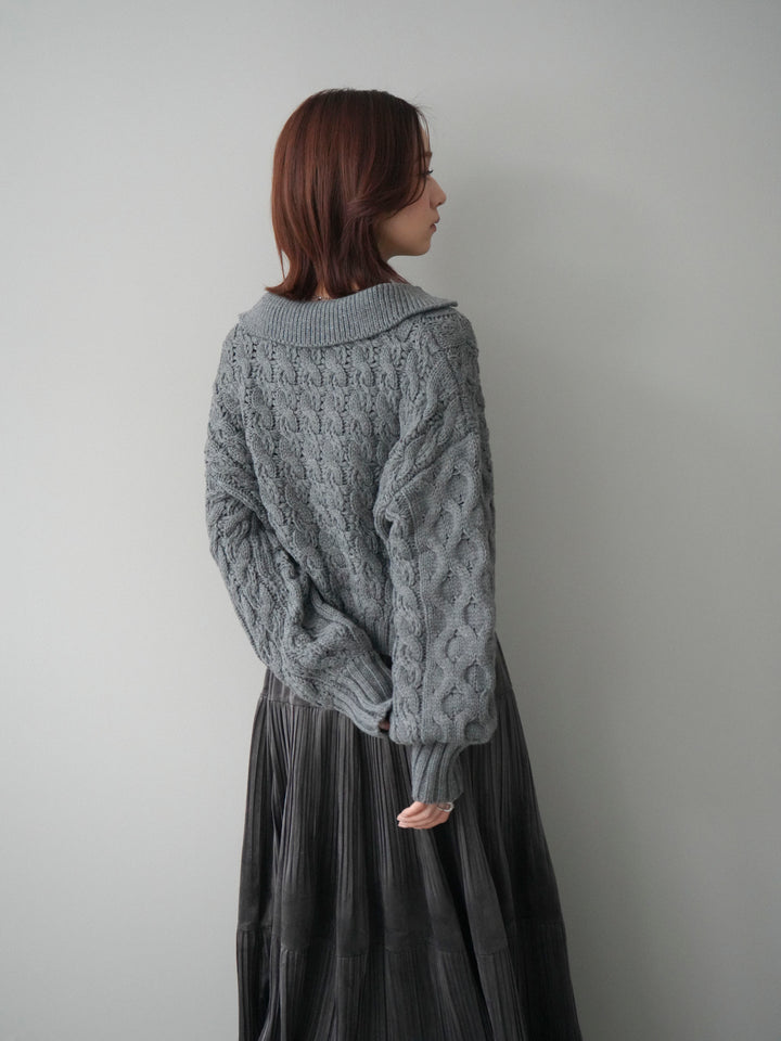 [SET]バルキーケーブルクロップド開襟プルオーバー+ベロアティアードワッシャースカート(2set)