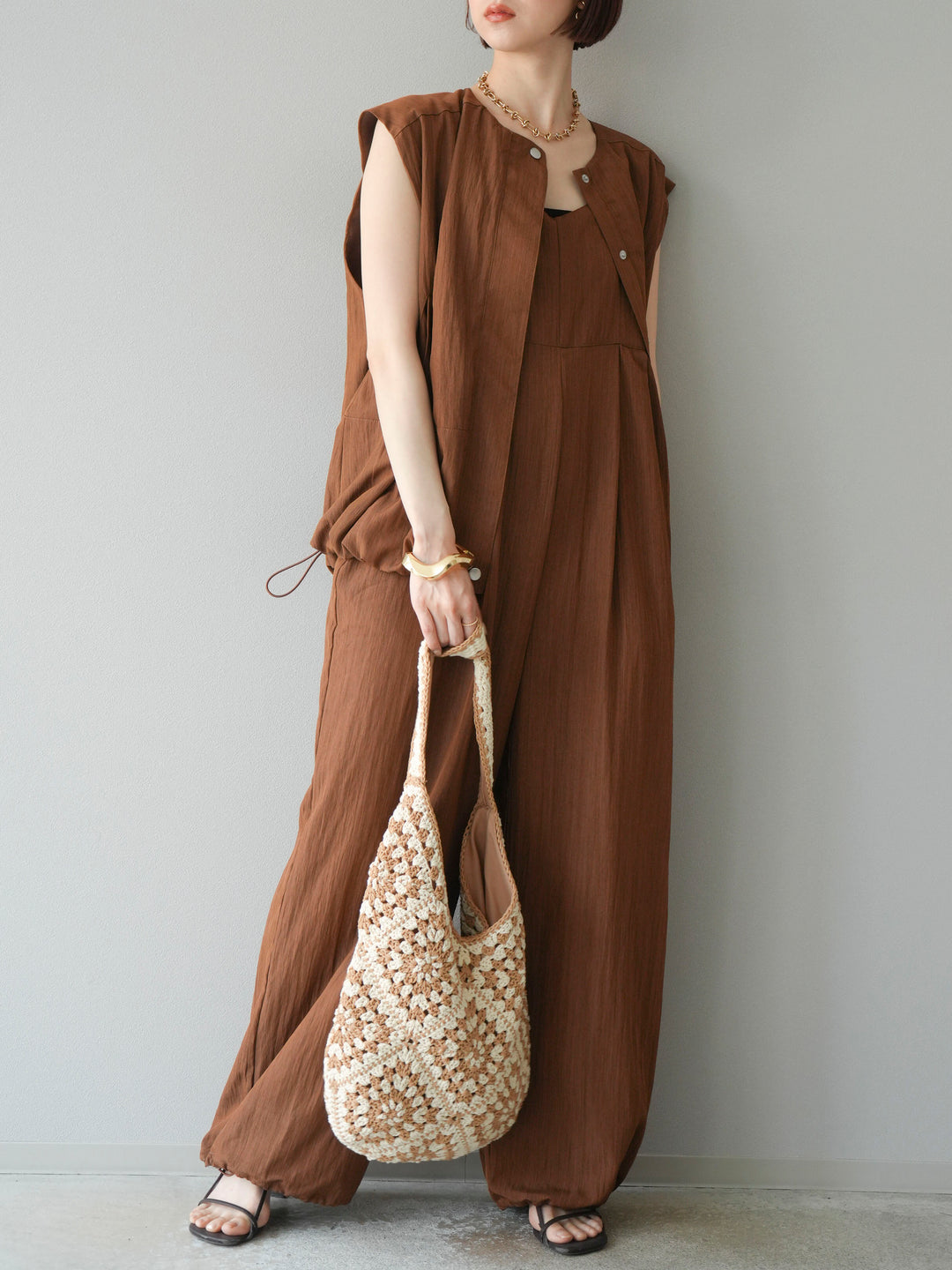 [SET]リネンライクビスチェデザインサロペット+リネンライクドロストバルーンブルゾン(2set)