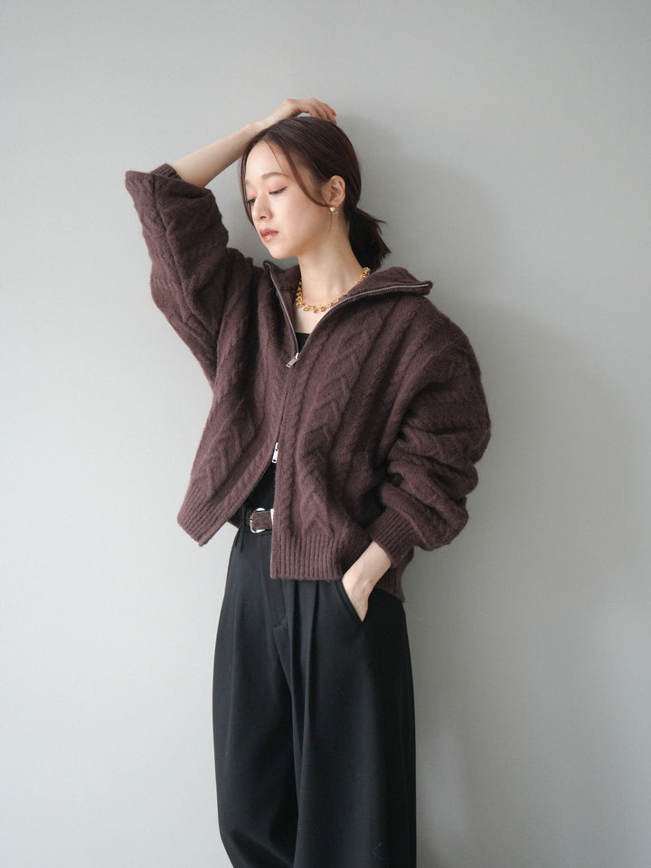 [SET]ケーブル編みハイネックZIPニットカーディガン+アニマル柄ベルト付きウールタッチワイドパンツ(2set)