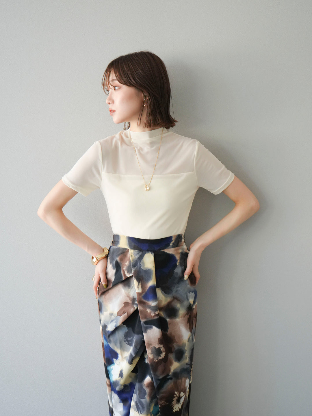 [SET] 透視半袖上衣 + 水彩印花褶襉I字裙 (2set)